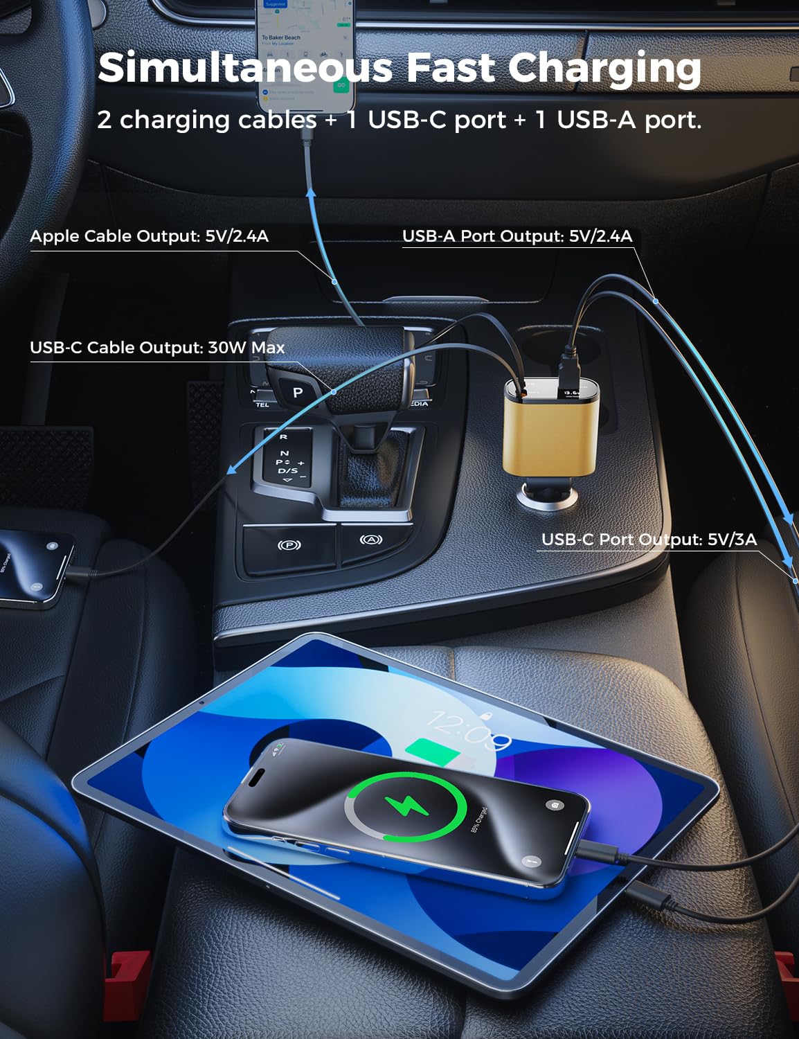 【Upgraded】 SUPERONE Retractable Car Charger 4 in 1, Fast Car Phone Charger with Cord 2.6ft, USB C and Apple Car Adapter, Compatible with iPhone 17 16 15/15 Pro Max/14/13/12/11, Galaxy, Pixel