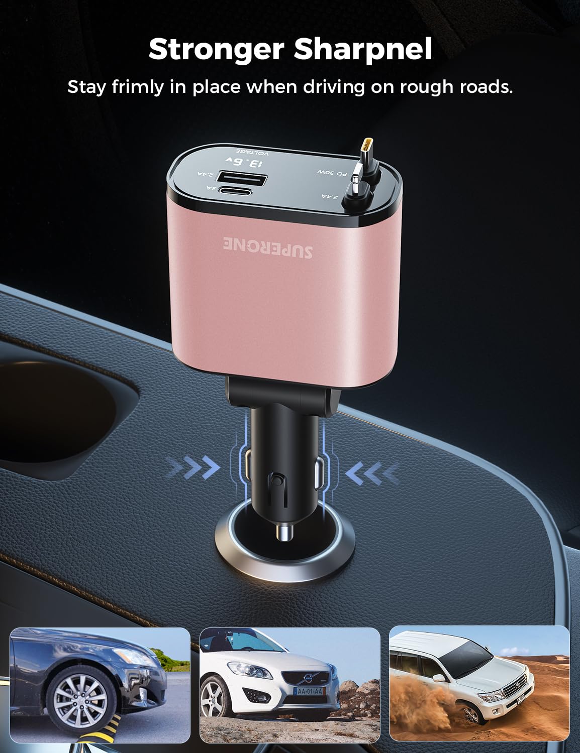 【Upgraded】 SUPERONE Retractable Car Charger 4 in 1, Fast Car Phone Charger with Cord 2.6ft, USB C and Apple Car Adapter, Compatible with iPhone 17 16 15/15 Pro Max/14/13/12/11, Galaxy, Pixel