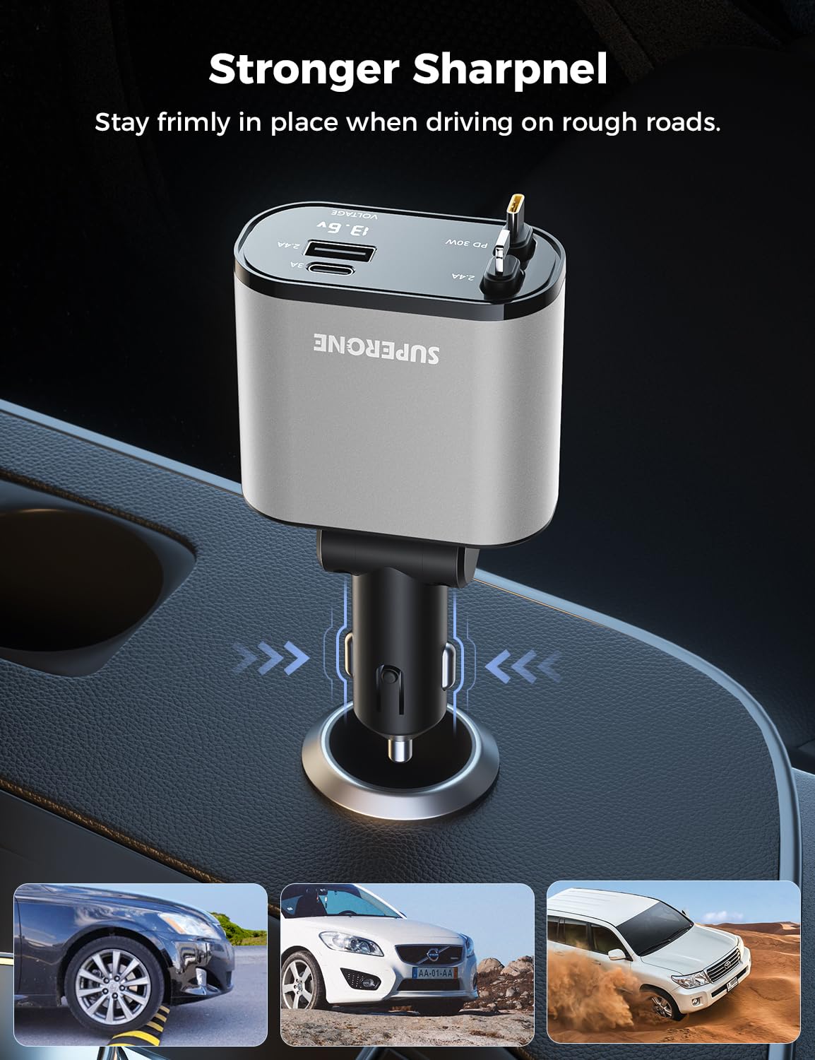 【Upgraded】 SUPERONE Retractable Car Charger 4 in 1, Fast Car Phone Charger with Cord 2.6ft, USB C and Apple Car Adapter, Compatible with iPhone 17 16 15/15 Pro Max/14/13/12/11, Galaxy, Pixel