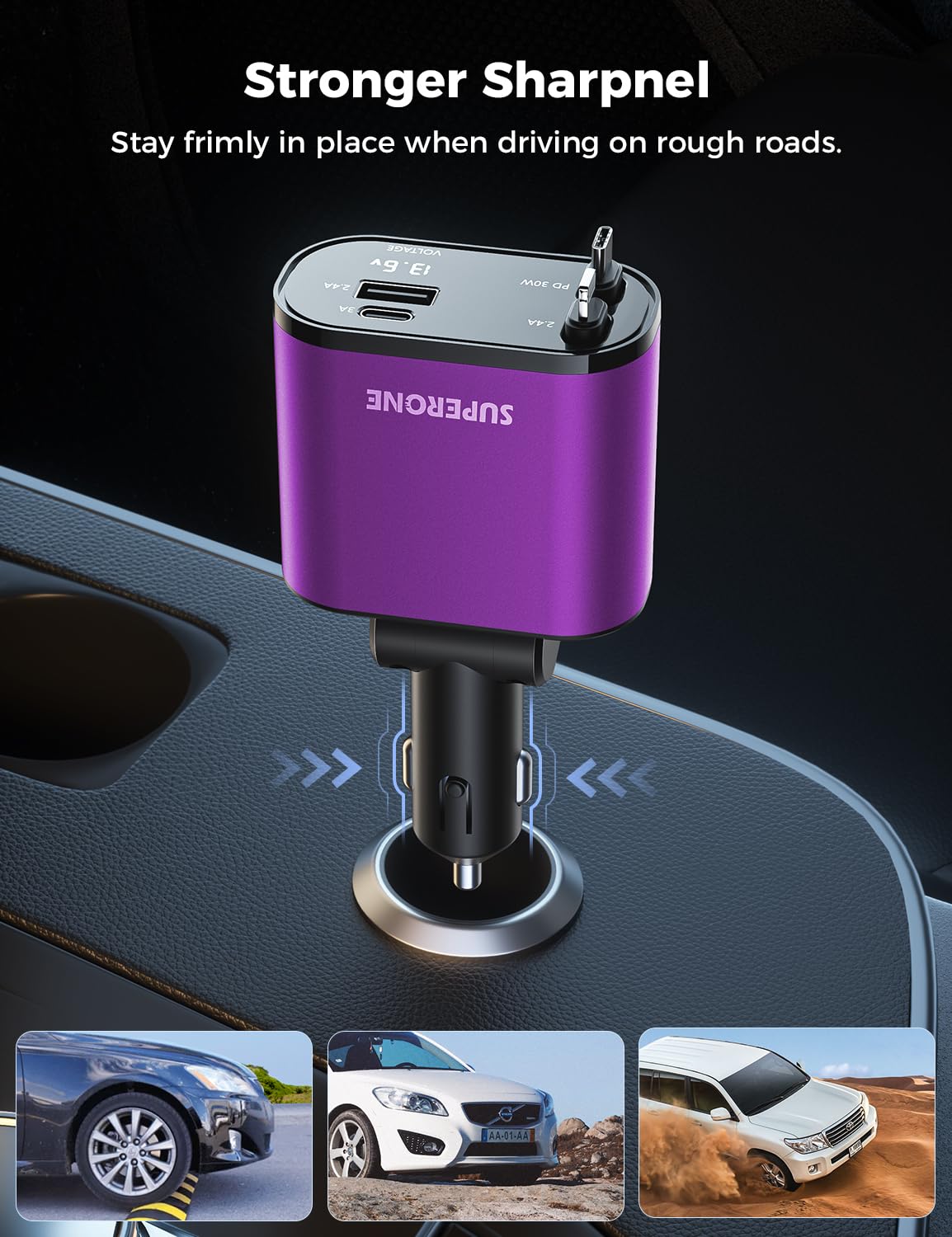 【Upgraded】 SUPERONE Retractable Car Charger 4 in 1, Fast Car Phone Charger with Cord 2.6ft, USB C and Apple Car Adapter, Compatible with iPhone 17 16 15/15 Pro Max/14/13/12/11, Galaxy, Pixel