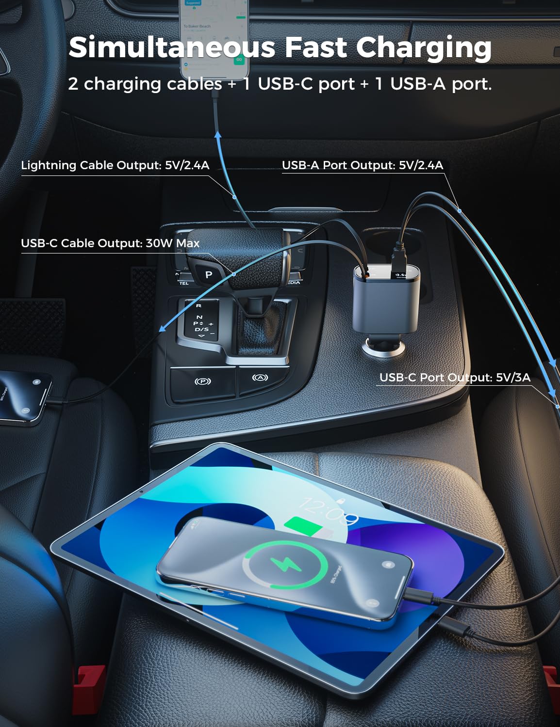 【Upgraded】 SUPERONE Retractable Car Charger 4 in 1, Fast Car Phone Charger with Cord 2.6ft, USB C and Apple Car Adapter, Compatible with iPhone 17 16 15/15 Pro Max/14/13/12/11, Galaxy, Pixel