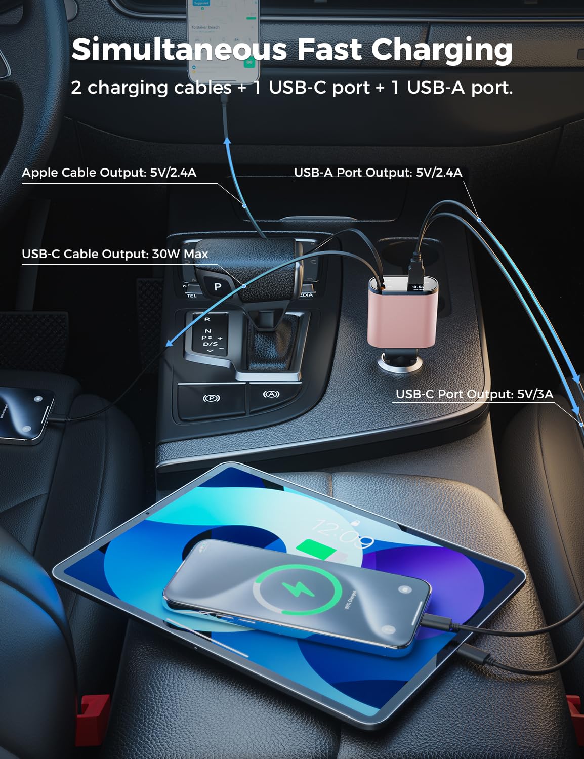 【Upgraded】 SUPERONE Retractable Car Charger 4 in 1, Fast Car Phone Charger with Cord 2.6ft, USB C and Apple Car Adapter, Compatible with iPhone 17 16 15/15 Pro Max/14/13/12/11, Galaxy, Pixel