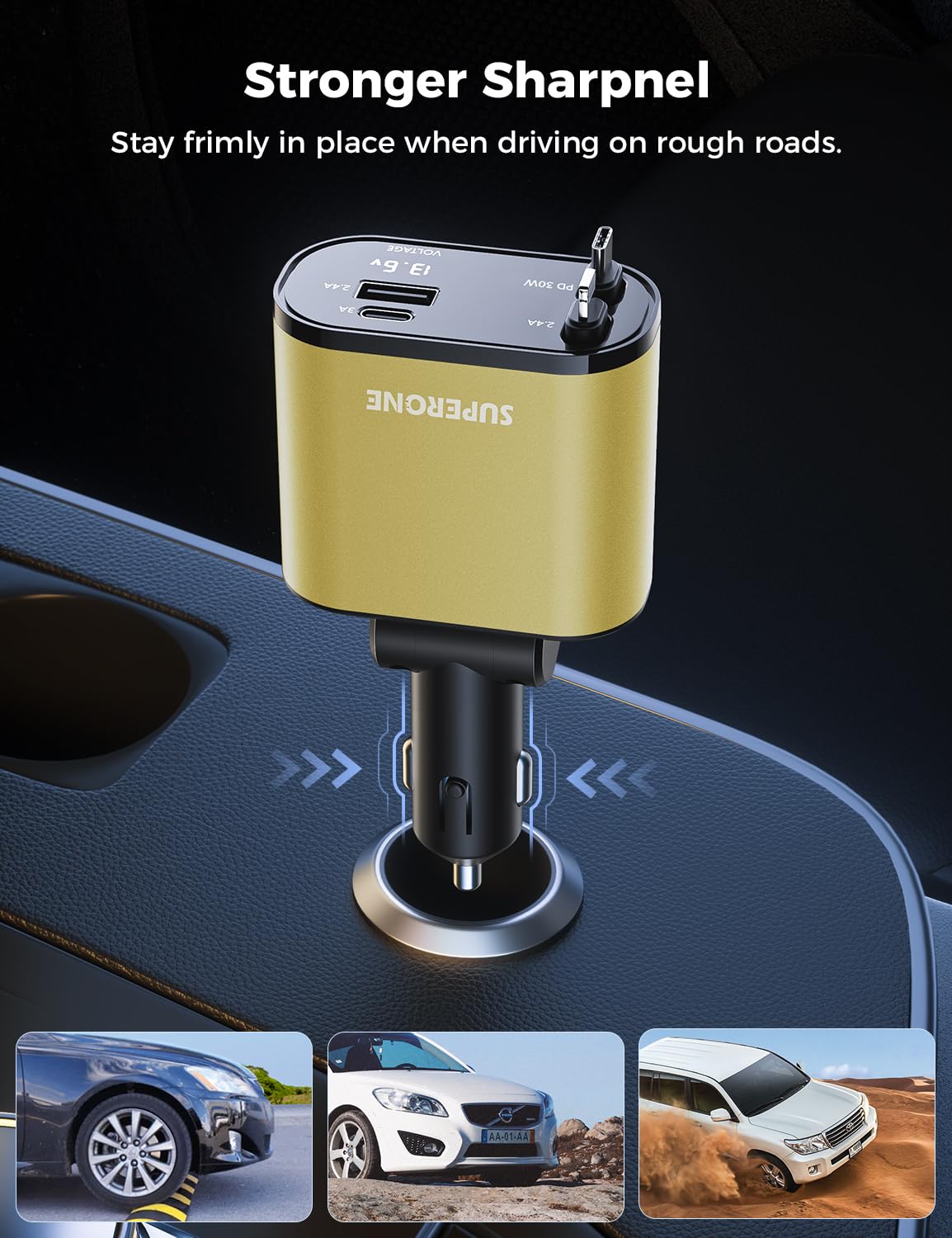 【Upgraded】 SUPERONE Retractable Car Charger 4 in 1, Fast Car Phone Charger with Cord 2.6ft, USB C and Apple Car Adapter, Compatible with iPhone 17 16 15/15 Pro Max/14/13/12/11, Galaxy, Pixel
