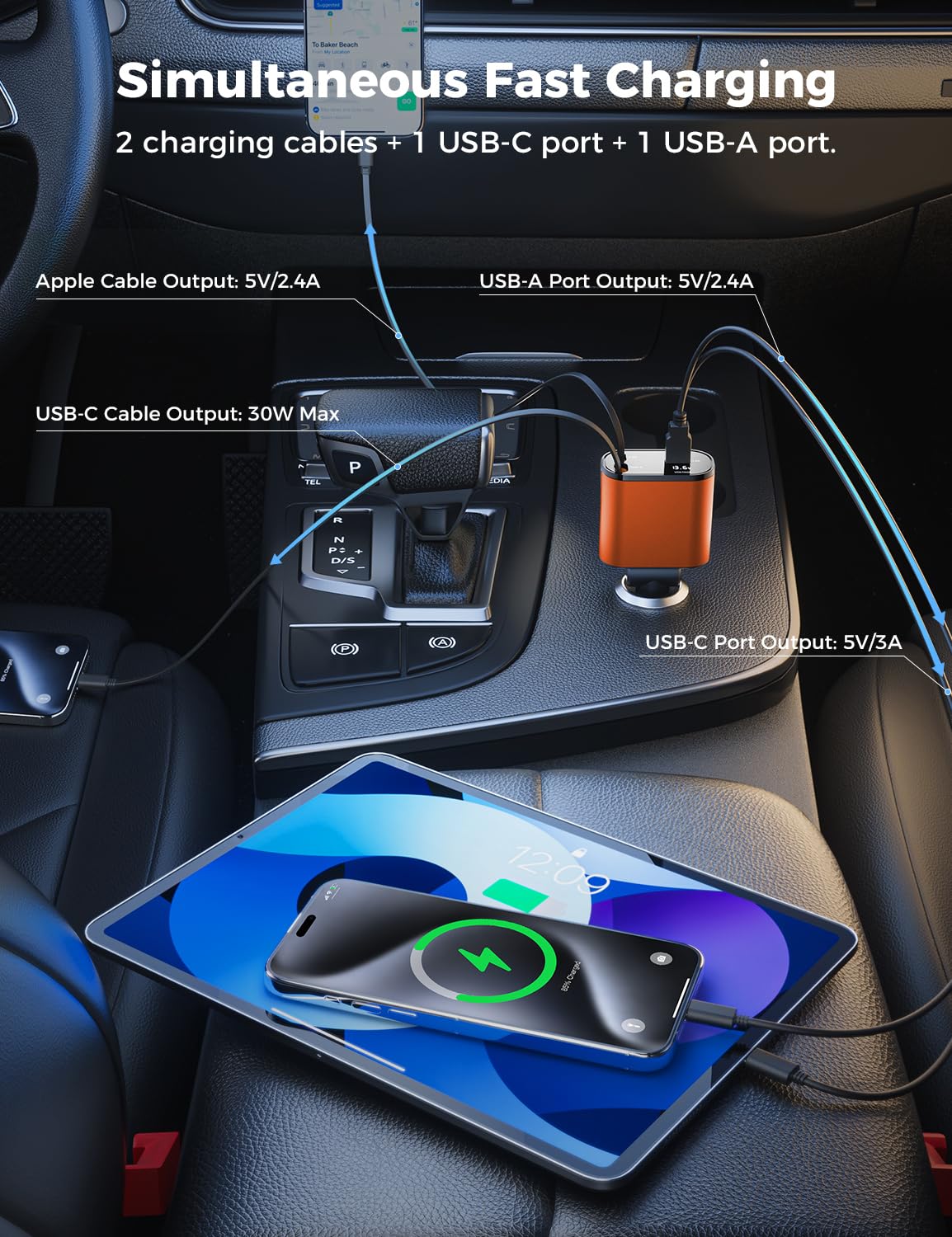 【Upgraded】 SUPERONE Retractable Car Charger 4 in 1, Fast Car Phone Charger with Cord 2.6ft, USB C and Apple Car Adapter, Compatible with iPhone 17 16 15/15 Pro Max/14/13/12/11, Galaxy, Pixel