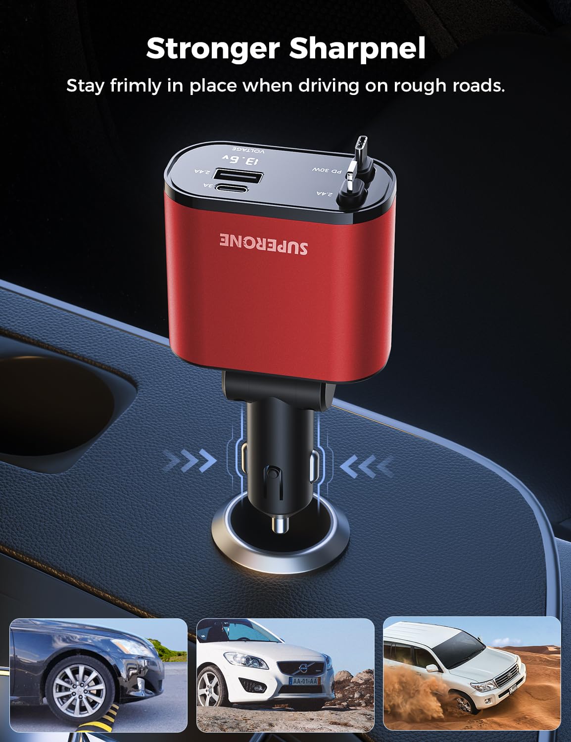 【Upgraded】 SUPERONE Retractable Car Charger 4 in 1, Fast Car Phone Charger with Cord 2.6ft, USB C and Apple Car Adapter, Compatible with iPhone 17 16 15/15 Pro Max/14/13/12/11, Galaxy, Pixel