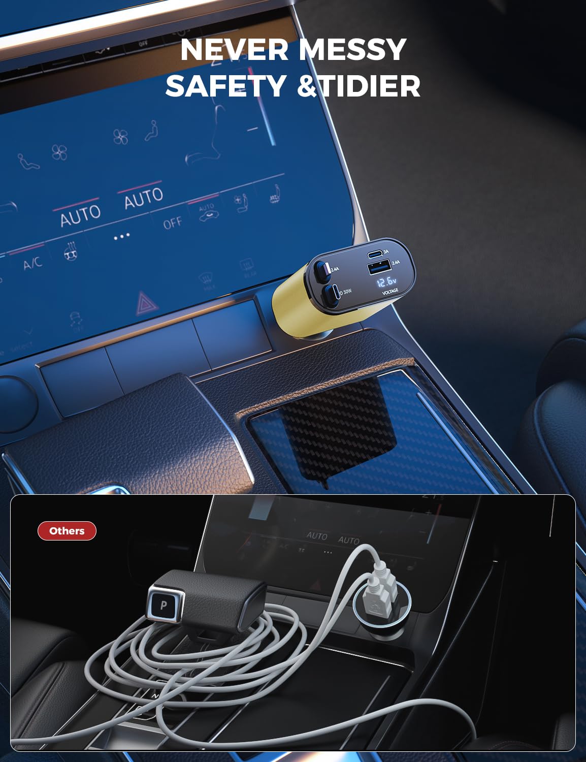 【Upgraded】 SUPERONE Retractable Car Charger 4 in 1, Fast Car Phone Charger with Cord 2.6ft, USB C and Apple Car Adapter, Compatible with iPhone 17 16 15/15 Pro Max/14/13/12/11, Galaxy, Pixel