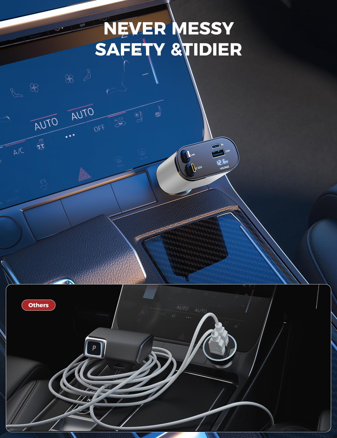 【Upgraded】 SUPERONE Retractable Car Charger 4 in 1, Fast Car Phone Charger with Cord 2.6ft, USB C and Apple Car Adapter, Compatible with iPhone 17 16 15/15 Pro Max/14/13/12/11, Galaxy, Pixel
