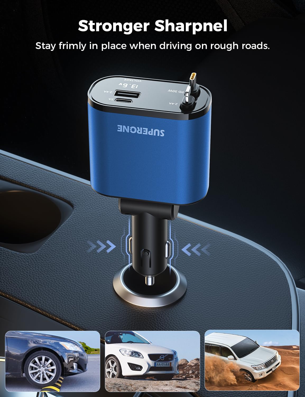 【Upgraded】 SUPERONE Retractable Car Charger 4 in 1, Fast Car Phone Charger with Cord 2.6ft, USB C and Apple Car Adapter, Compatible with iPhone 17 16 15/15 Pro Max/14/13/12/11, Galaxy, Pixel