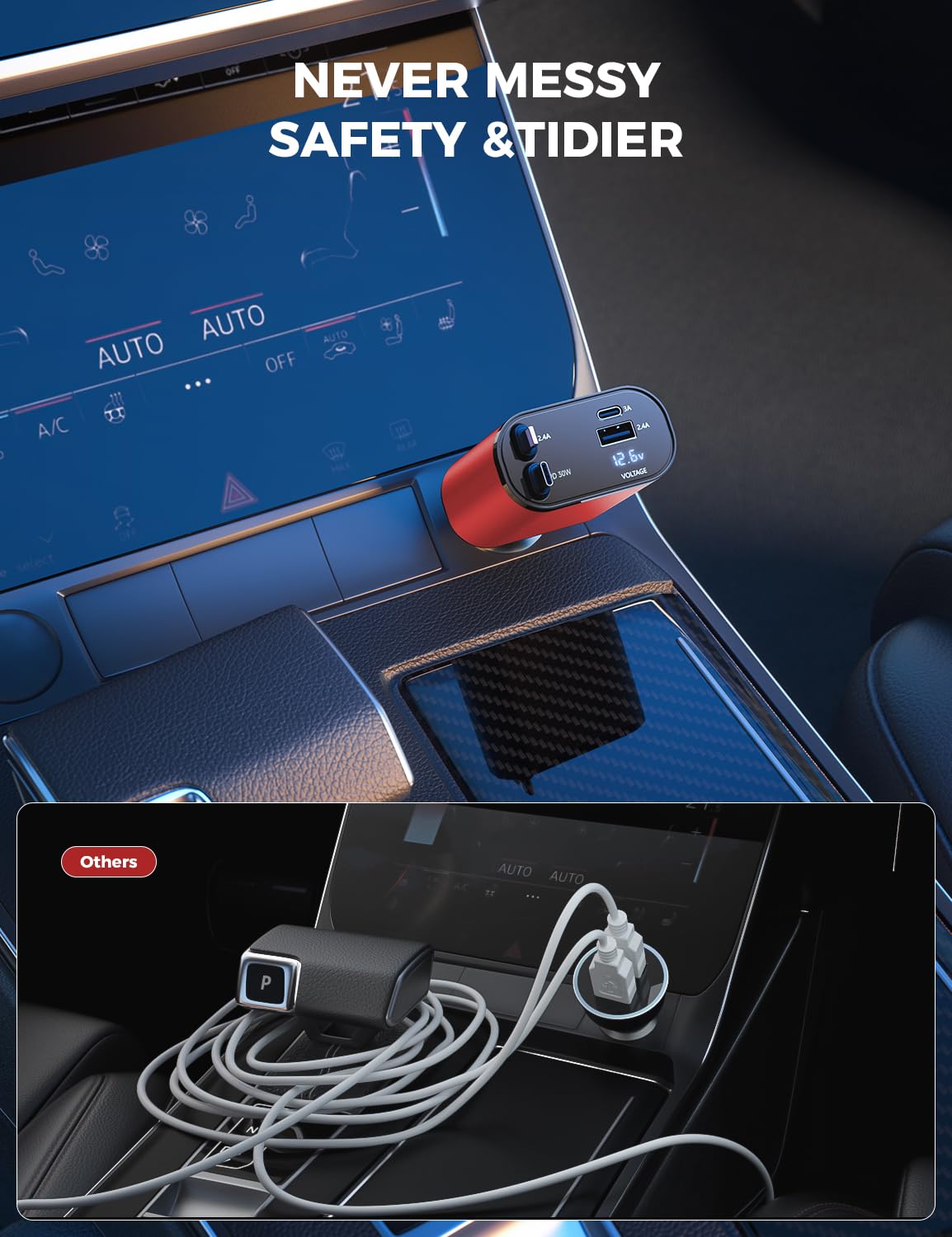 【Upgraded】 SUPERONE Retractable Car Charger 4 in 1, Fast Car Phone Charger with Cord 2.6ft, USB C and Apple Car Adapter, Compatible with iPhone 17 16 15/15 Pro Max/14/13/12/11, Galaxy, Pixel