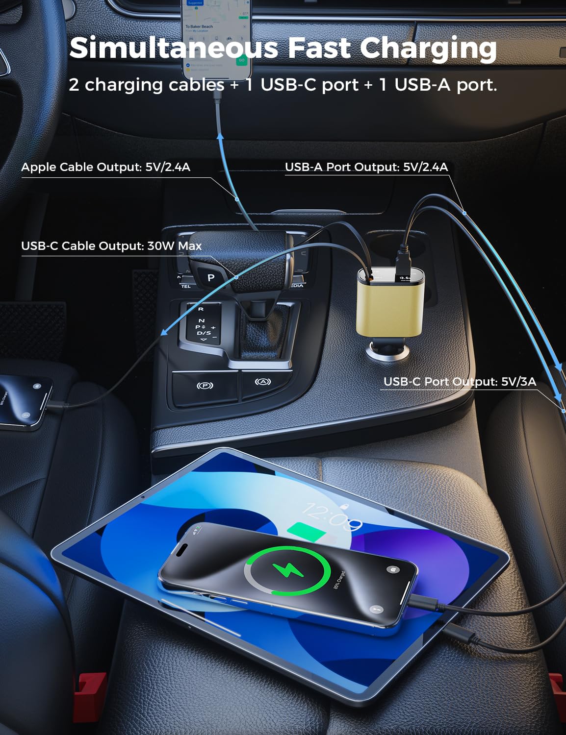 【Upgraded】 SUPERONE Retractable Car Charger 4 in 1, Fast Car Phone Charger with Cord 2.6ft, USB C and Apple Car Adapter, Compatible with iPhone 17 16 15/15 Pro Max/14/13/12/11, Galaxy, Pixel