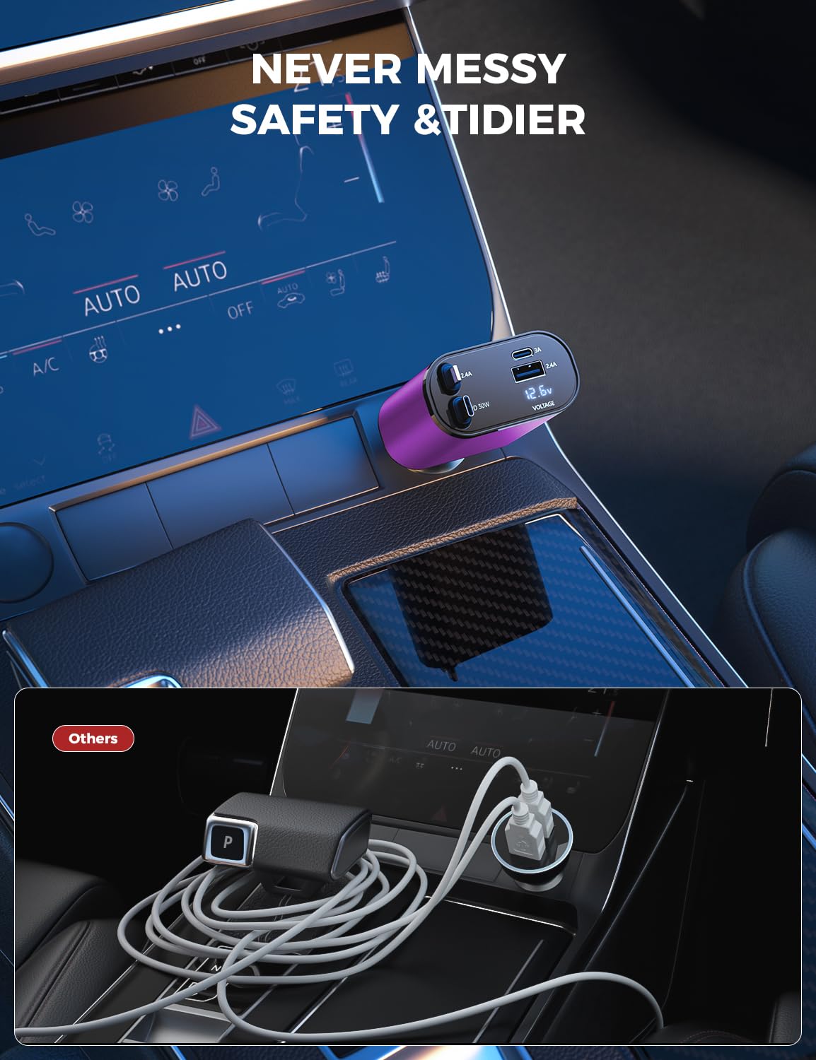 【Upgraded】 SUPERONE Retractable Car Charger 4 in 1, Fast Car Phone Charger with Cord 2.6ft, USB C and Apple Car Adapter, Compatible with iPhone 17 16 15/15 Pro Max/14/13/12/11, Galaxy, Pixel
