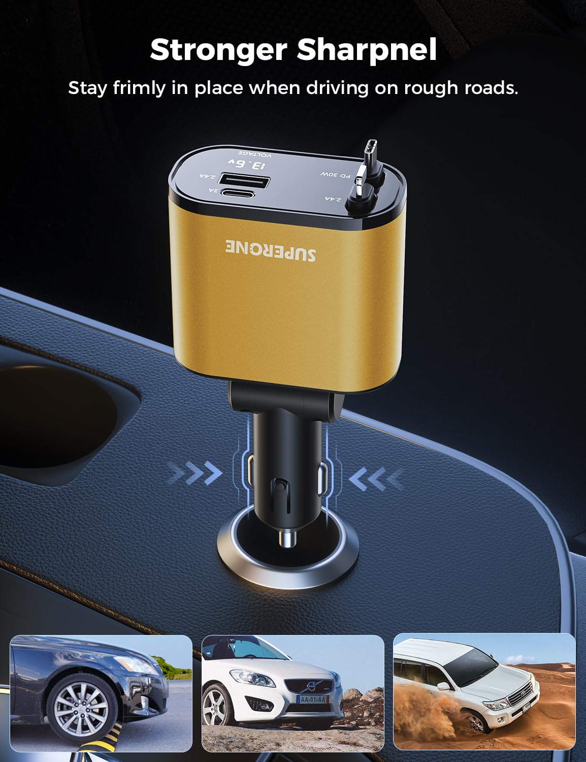 【Upgraded】 SUPERONE Retractable Car Charger 4 in 1, Fast Car Phone Charger with Cord 2.6ft, USB C and Apple Car Adapter, Compatible with iPhone 17 16 15/15 Pro Max/14/13/12/11, Galaxy, Pixel