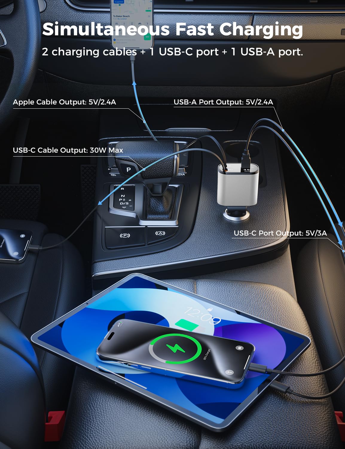 【Upgraded】 SUPERONE Retractable Car Charger 4 in 1, Fast Car Phone Charger with Cord 2.6ft, USB C and Apple Car Adapter, Compatible with iPhone 17 16 15/15 Pro Max/14/13/12/11, Galaxy, Pixel