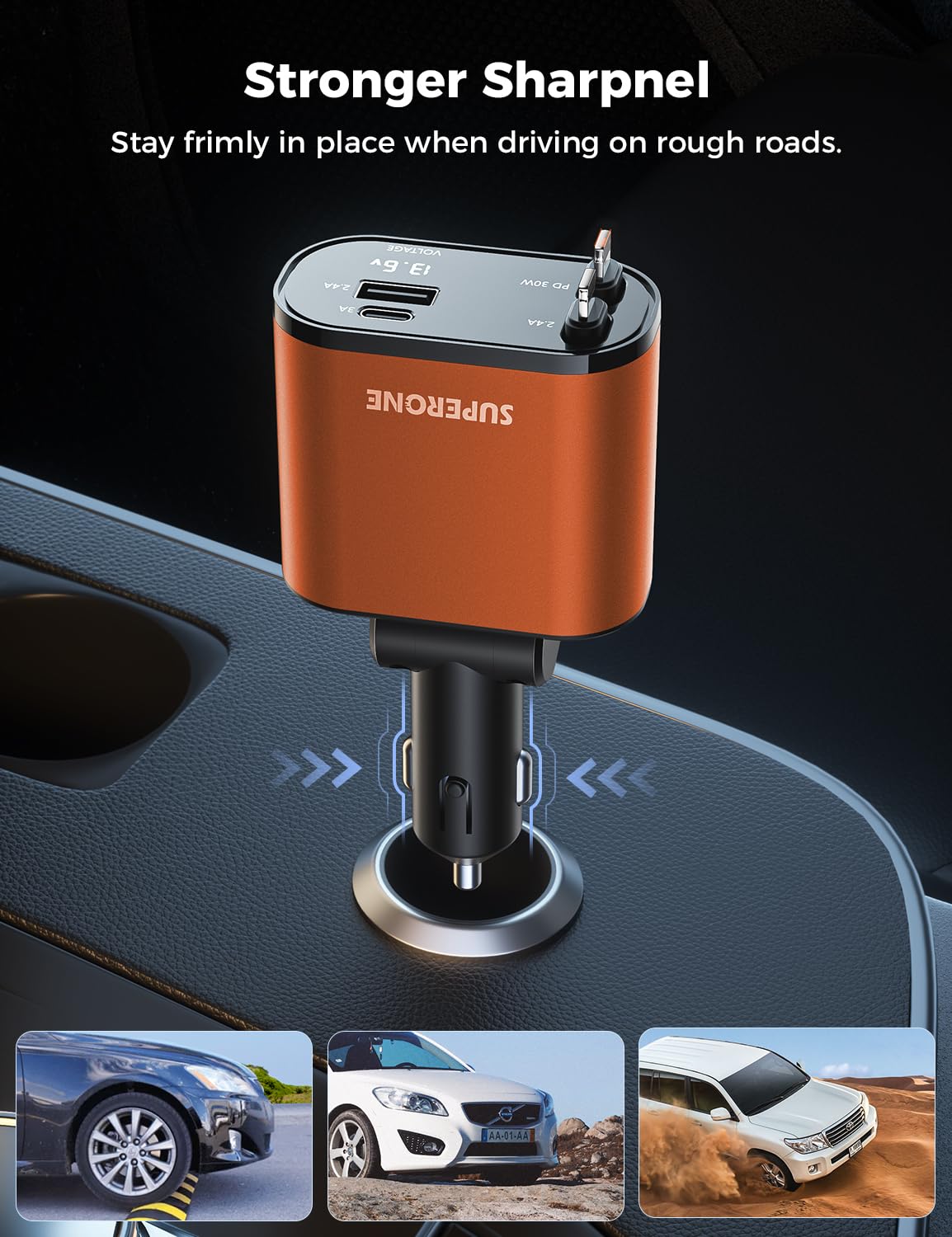 【Upgraded】 SUPERONE Retractable Car Charger 4 in 1, Fast Car Phone Charger with Cord 2.6ft, USB C and Apple Car Adapter, Compatible with iPhone 17 16 15/15 Pro Max/14/13/12/11, Galaxy, Pixel