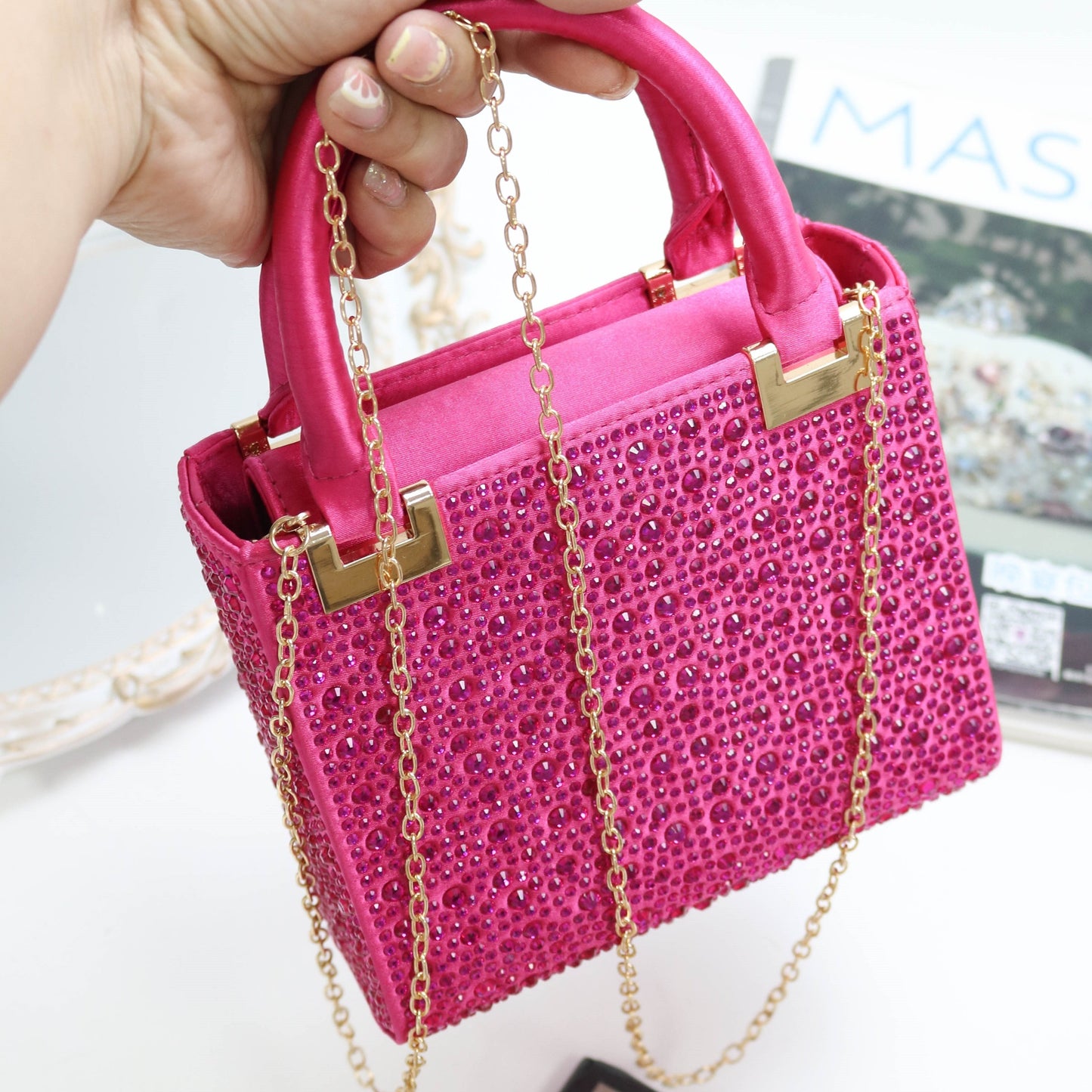 [Trending] Elegant Rhinestone Square Evening Clutch - Perfect for Weddings, Proms & Formal Events - Magenta with Polyester Lining