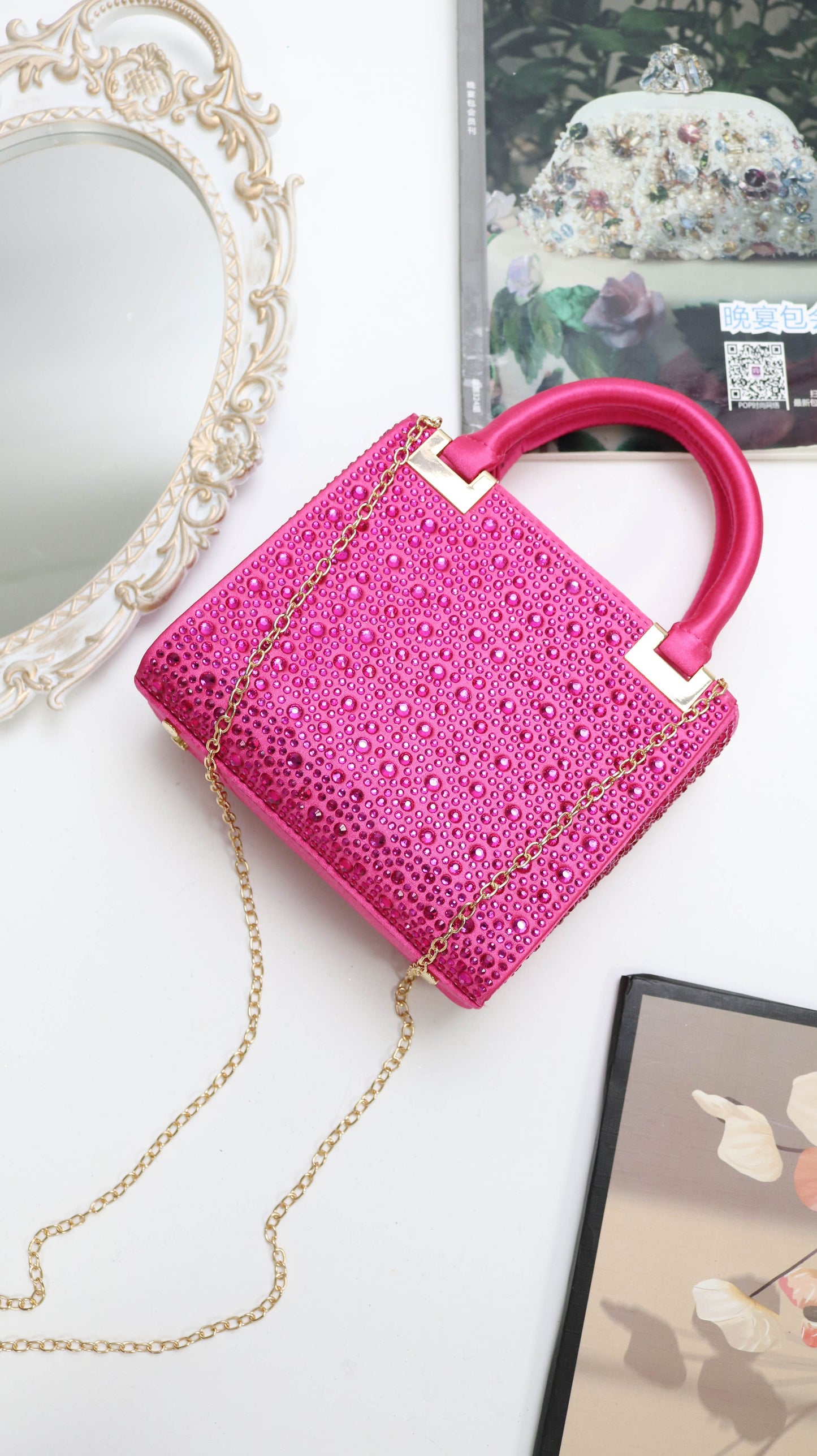 [Trending] Elegant Rhinestone Square Evening Clutch - Perfect for Weddings, Proms & Formal Events - Magenta with Polyester Lining