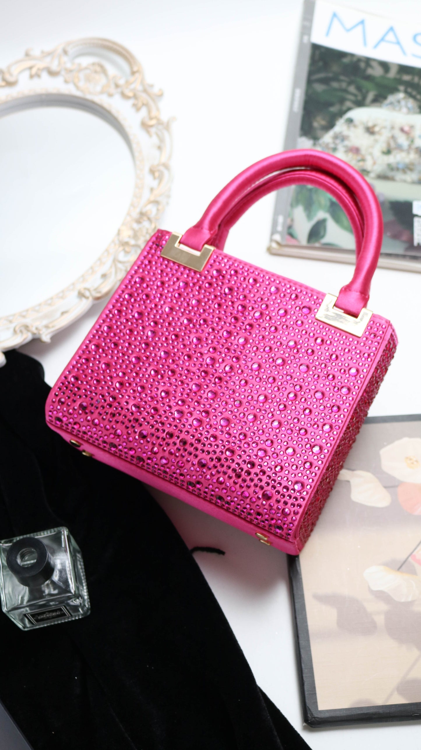 [Trending] Elegant Rhinestone Square Evening Clutch - Perfect for Weddings, Proms & Formal Events - Magenta with Polyester Lining