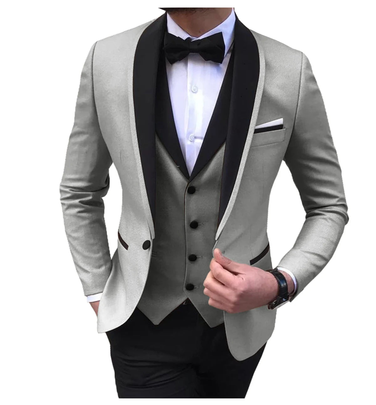 Blue Slit Mens Suits 3 Piece Black Shawl Lapel Casual Tuxedos for Wedding Groomsmen Suits Men 2020 (blazer+vest+pants)