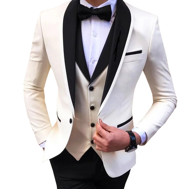 Blue Slit Mens Suits 3 Piece Black Shawl Lapel Casual Tuxedos for Wedding Groomsmen Suits Men 2020 (blazer+vest+pants)