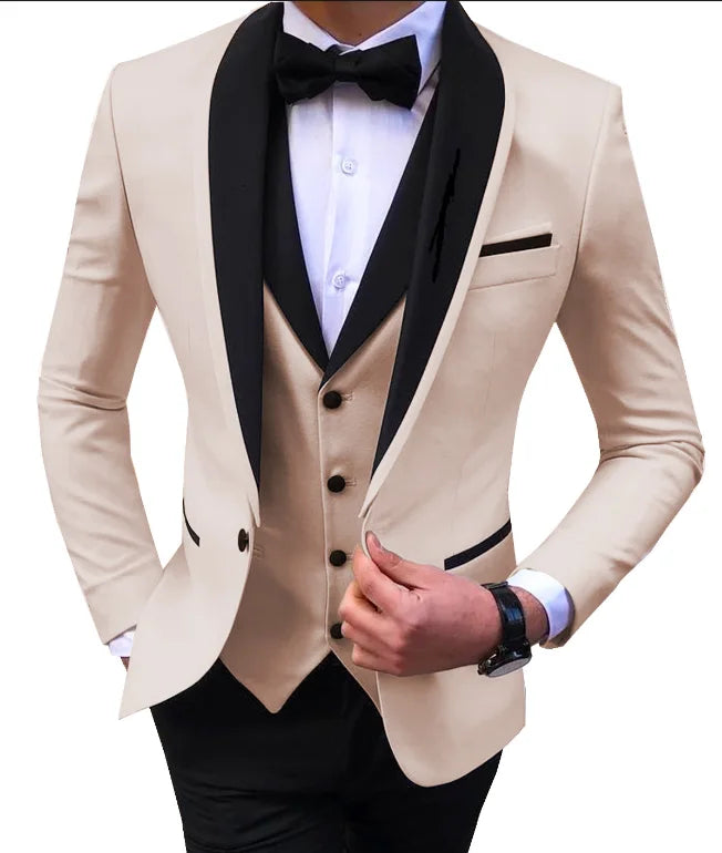 Blue Slit Mens Suits 3 Piece Black Shawl Lapel Casual Tuxedos for Wedding Groomsmen Suits Men 2020 (blazer+vest+pants)