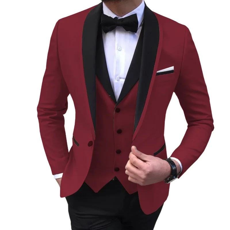 Blue Slit Mens Suits 3 Piece Black Shawl Lapel Casual Tuxedos for Wedding Groomsmen Suits Men 2020 (blazer+vest+pants)