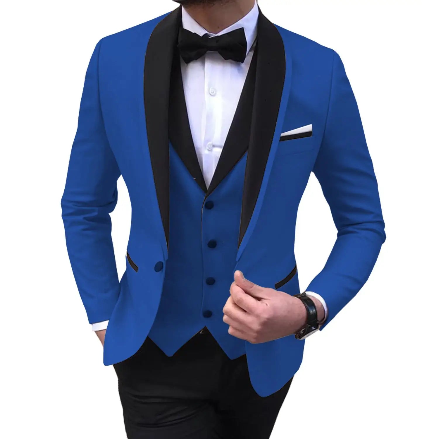 Blue Slit Mens Suits 3 Piece Black Shawl Lapel Casual Tuxedos for Wedding Groomsmen Suits Men 2020 (blazer+vest+pants)