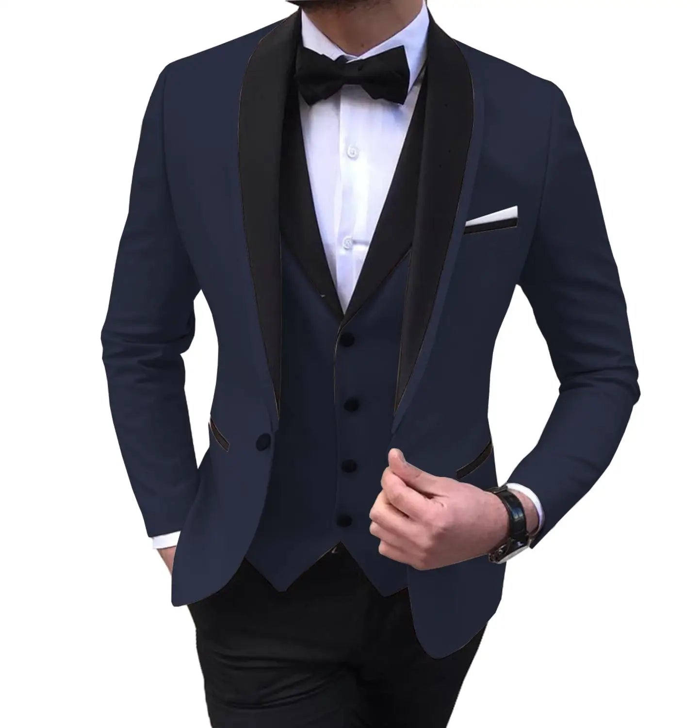 Blue Slit Mens Suits 3 Piece Black Shawl Lapel Casual Tuxedos for Wedding Groomsmen Suits Men 2020 (blazer+vest+pants)