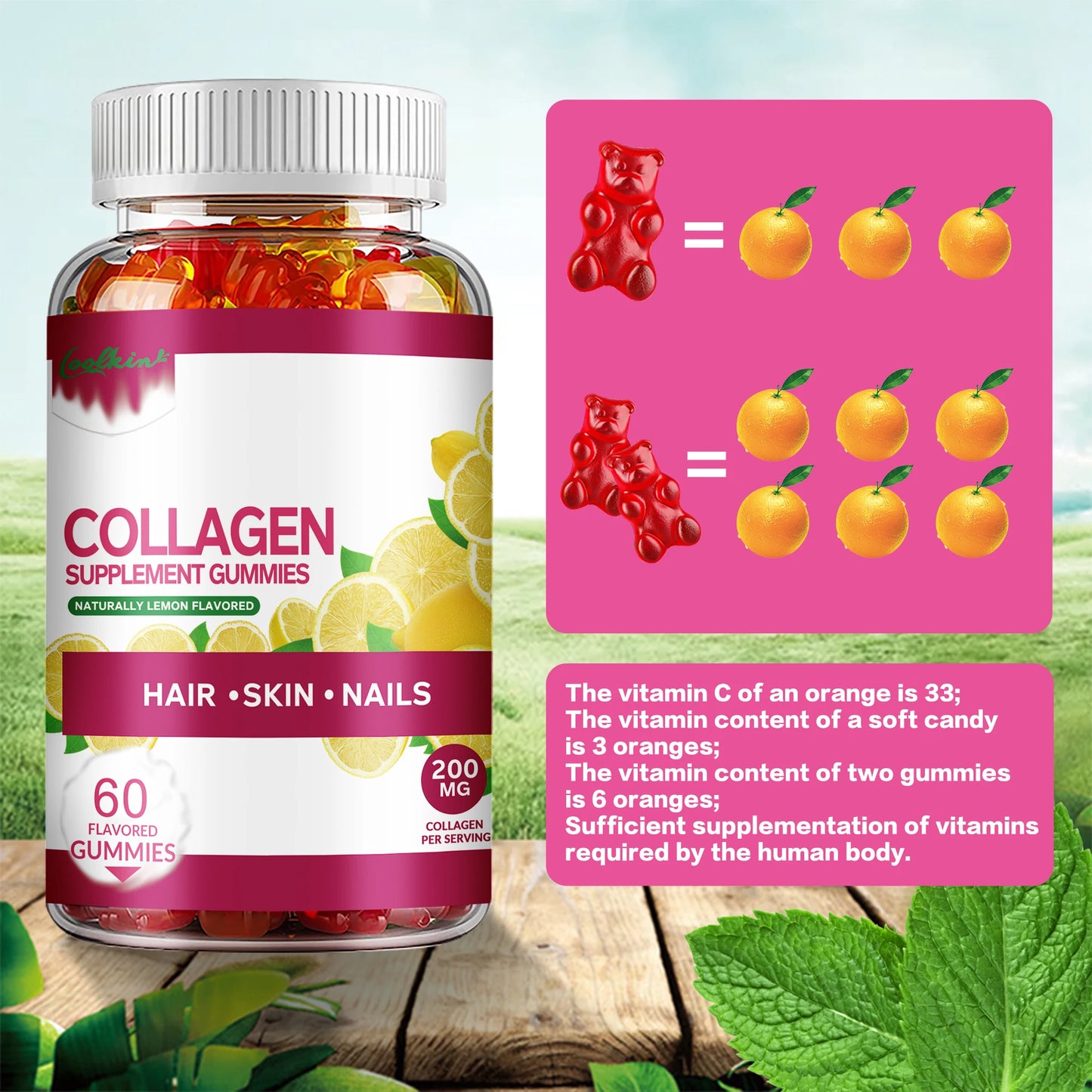 Collagen Gummies - with Biotin, Zinc, Vitamins C - for Skin, Nails and Hair Health - 60 Gummies