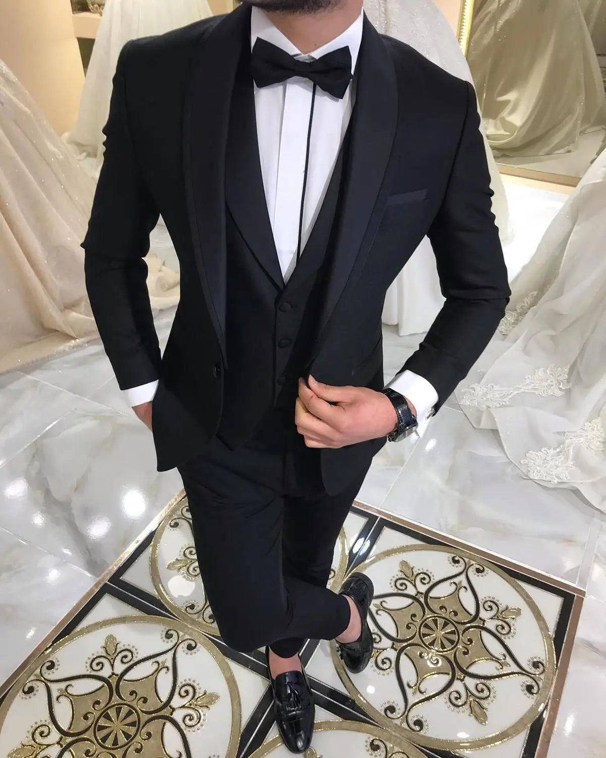 Blue Slit Mens Suits 3 Piece Black Shawl Lapel Casual Tuxedos for Wedding Groomsmen Suits Men 2020 (blazer+vest+pants)