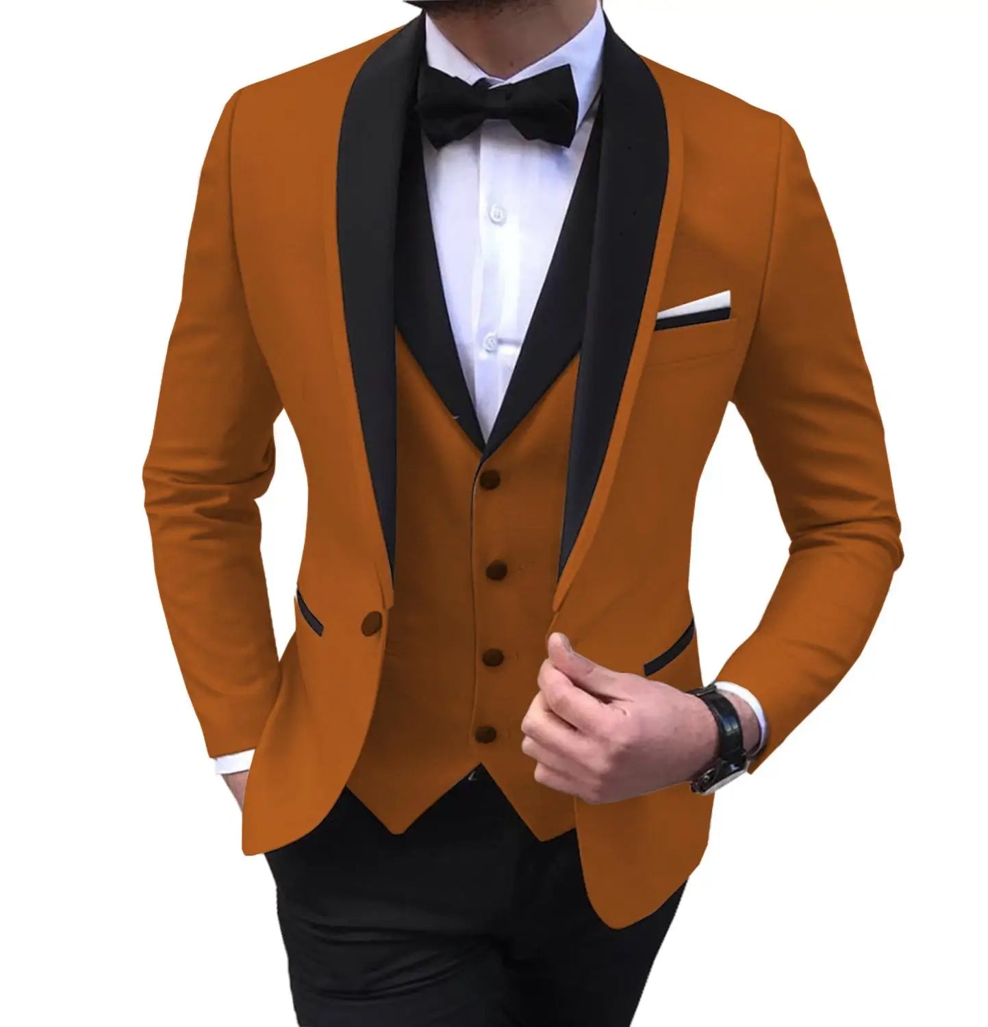 Blue Slit Mens Suits 3 Piece Black Shawl Lapel Casual Tuxedos for Wedding Groomsmen Suits Men 2020 (blazer+vest+pants)