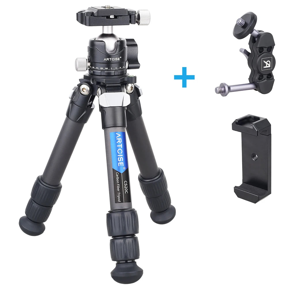 Mini Carbon Fiber Tripod Compact Lightweight Portable Tabletop Tripods with Handle Ball Head Max Load 10kg for DSLR Camera Phone