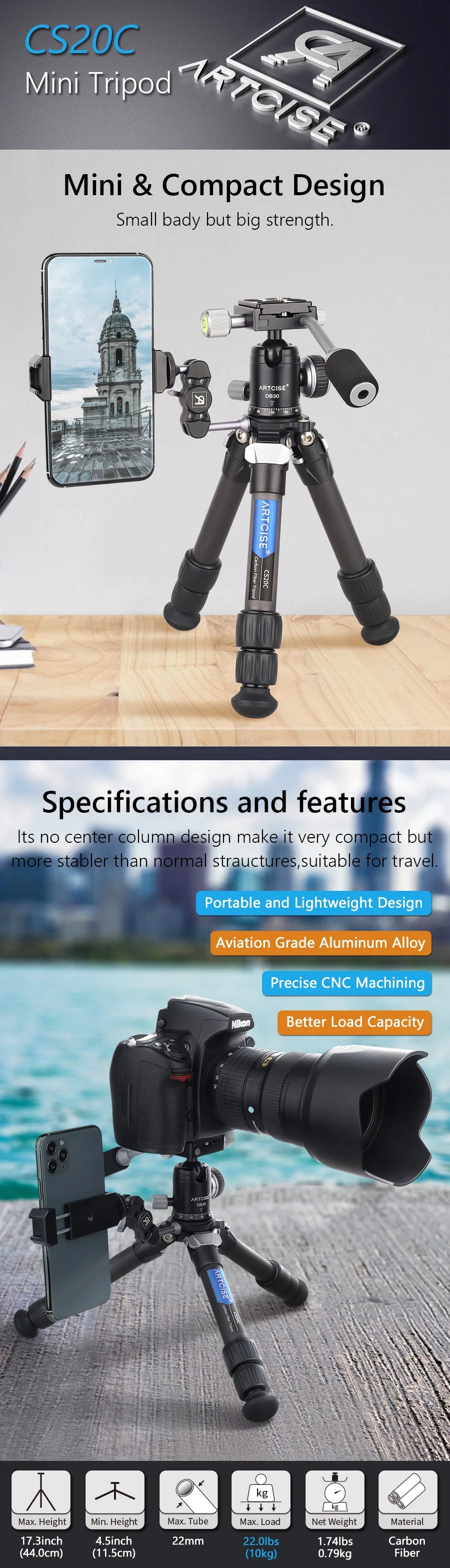 Mini Carbon Fiber Tripod Compact Lightweight Portable Tabletop Tripods with Handle Ball Head Max Load 10kg for DSLR Camera Phone