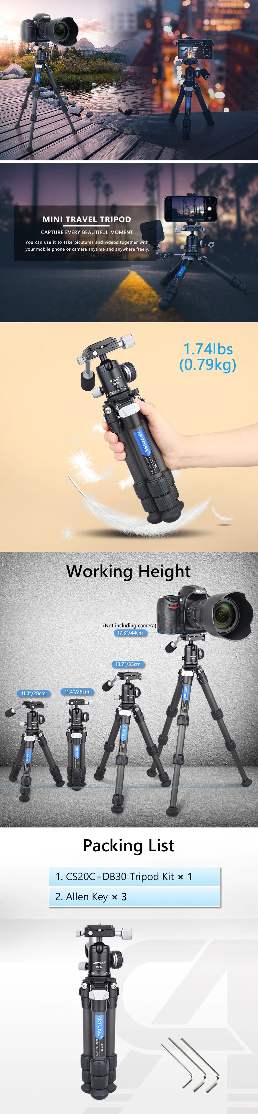 Mini Carbon Fiber Tripod Compact Lightweight Portable Tabletop Tripods with Handle Ball Head Max Load 10kg for DSLR Camera Phone