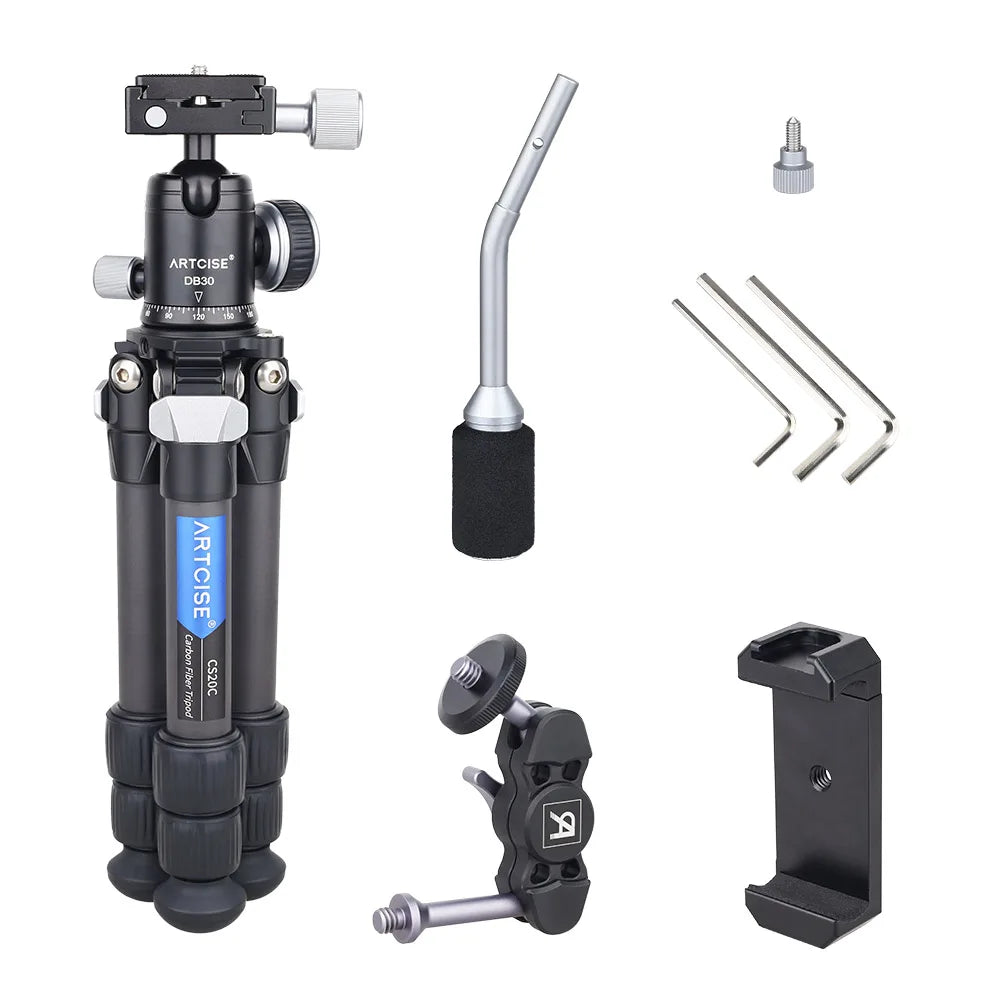 Mini Carbon Fiber Tripod Compact Lightweight Portable Tabletop Tripods with Handle Ball Head Max Load 10kg for DSLR Camera Phone