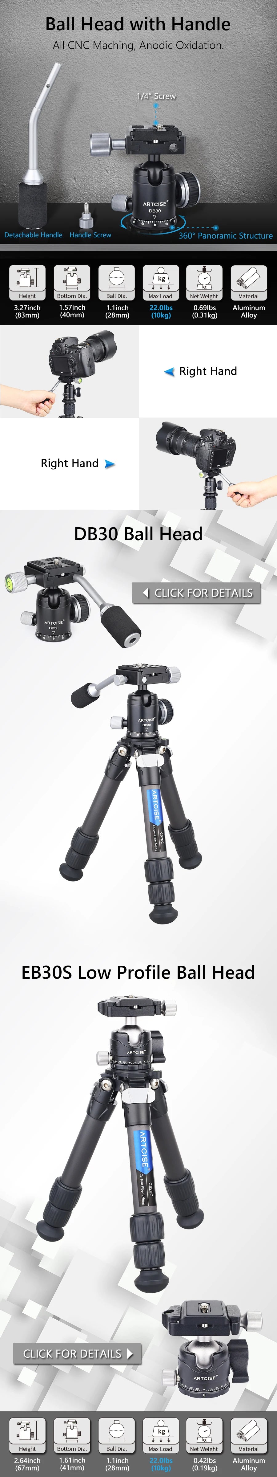 Mini Carbon Fiber Tripod Compact Lightweight Portable Tabletop Tripods with Handle Ball Head Max Load 10kg for DSLR Camera Phone