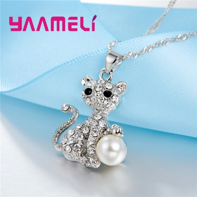 Fine Luxury CZ Stone Cat Design Pendant Necklace Earrings Party Gifts 925 Sterling Silver Austrian Crystal Jewelry Sets