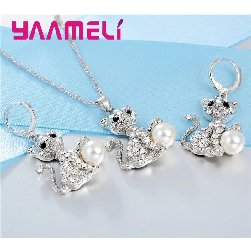 Fine Luxury CZ Stone Cat Design Pendant Necklace Earrings Party Gifts 925 Sterling Silver Austrian Crystal Jewelry Sets