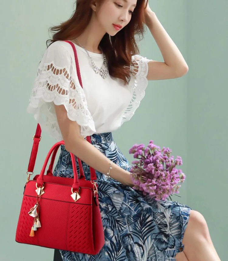 Fashion Women Handbags Tassel PU Leather Totes Bag Top-handle Embroidery Crossbody Bag Shoulder Bag Lady Simple Style Hand Bags