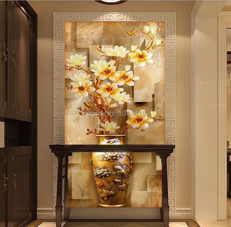 Customize Mural Wallpaper Designs Chinese Retro Painting Vase Magnolia Wall Mural Living Room Entrance Home Decor Wall Coverings