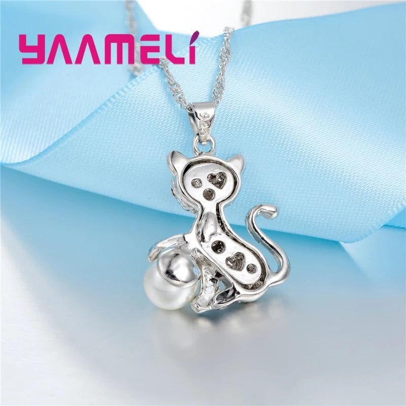 Fine Luxury CZ Stone Cat Design Pendant Necklace Earrings Party Gifts 925 Sterling Silver Austrian Crystal Jewelry Sets