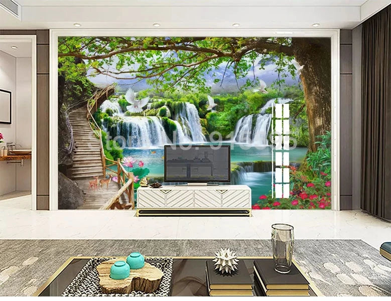 Green Big Tree Waterfall Nature Landscape Wall Painting Custom 3D Photo Wallpaper For Living Room TV Background Mural De Parede