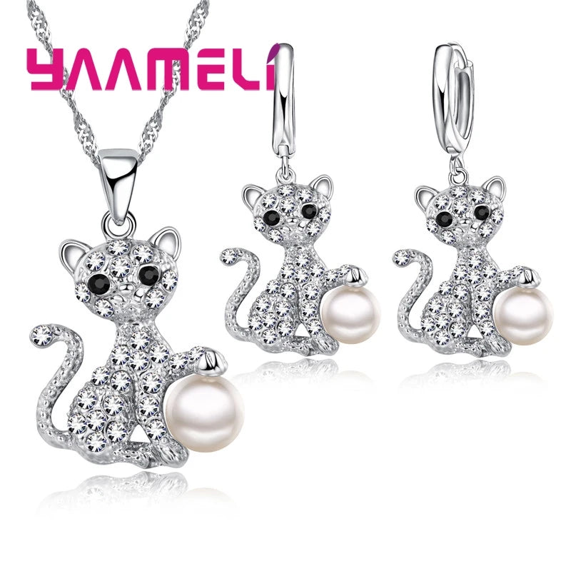 Fine Luxury CZ Stone Cat Design Pendant Necklace Earrings Party Gifts 925 Sterling Silver Austrian Crystal Jewelry Sets