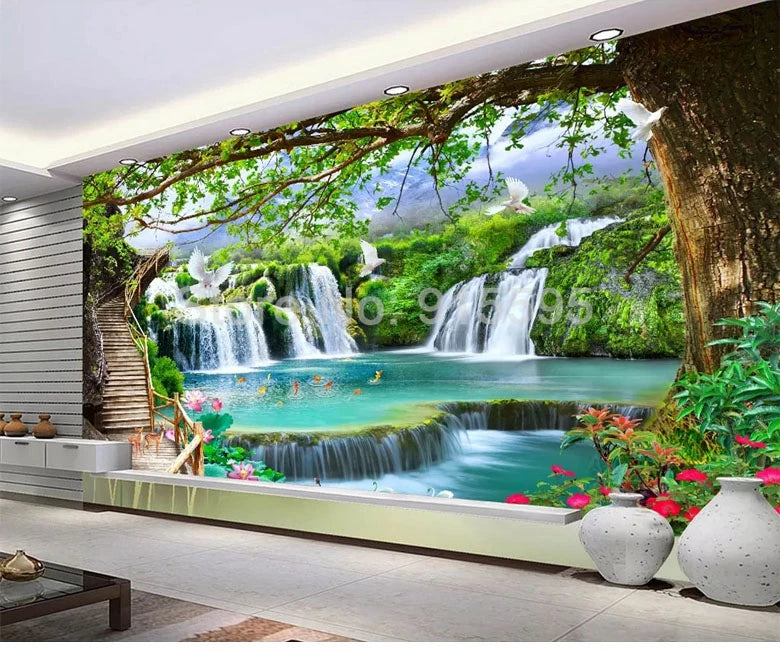 Green Big Tree Waterfall Nature Landscape Wall Painting Custom 3D Photo Wallpaper For Living Room TV Background Mural De Parede