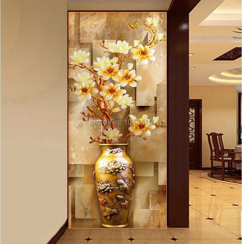 Customize Mural Wallpaper Designs Chinese Retro Painting Vase Magnolia Wall Mural Living Room Entrance Home Decor Wall Coverings