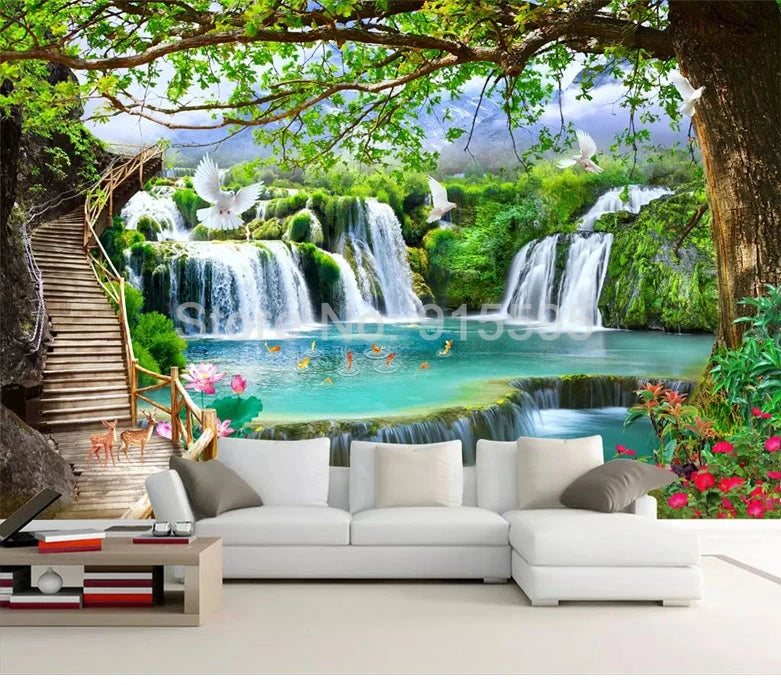 Green Big Tree Waterfall Nature Landscape Wall Painting Custom 3D Photo Wallpaper For Living Room TV Background Mural De Parede