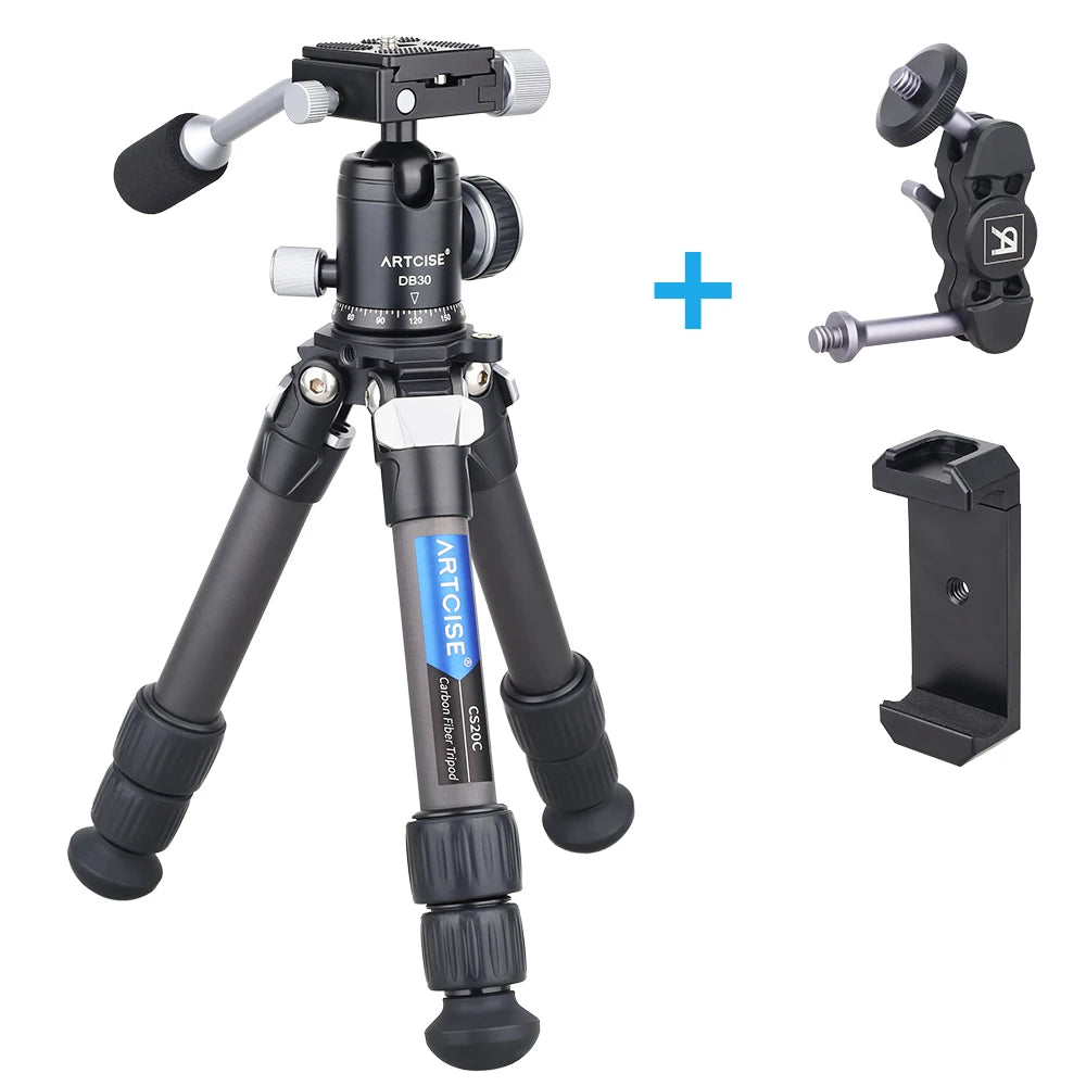 Mini Carbon Fiber Tripod Compact Lightweight Portable Tabletop Tripods with Handle Ball Head Max Load 10kg for DSLR Camera Phone