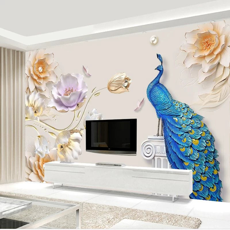 European-Style 3D TV Background Wallpaper Chinese Style Living Room Bedroom Peacock 5 8D Three-Dimensional Concave-Convex Relief Wall Cloth Mural