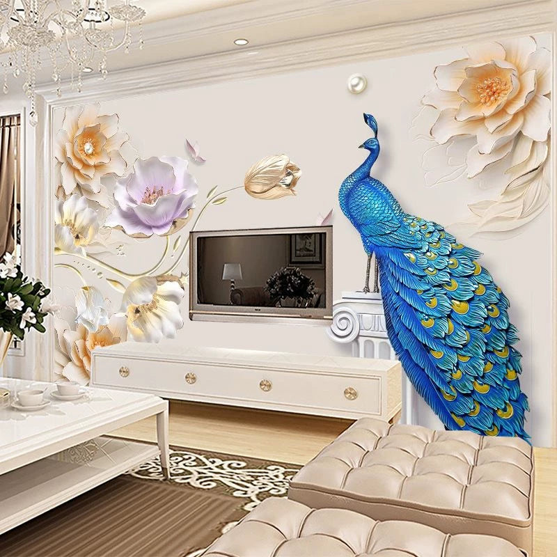 European-Style 3D TV Background Wallpaper Chinese Style Living Room Bedroom Peacock 5 8D Three-Dimensional Concave-Convex Relief Wall Cloth Mural