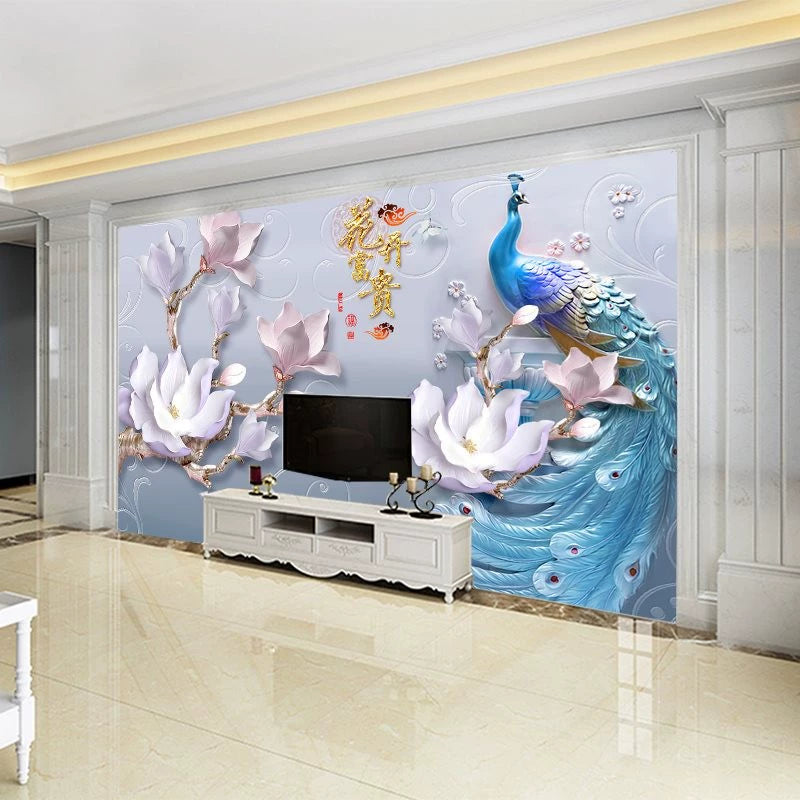European-Style 3D TV Background Wallpaper Chinese Style Living Room Bedroom Peacock 5 8D Three-Dimensional Concave-Convex Relief Wall Cloth Mural