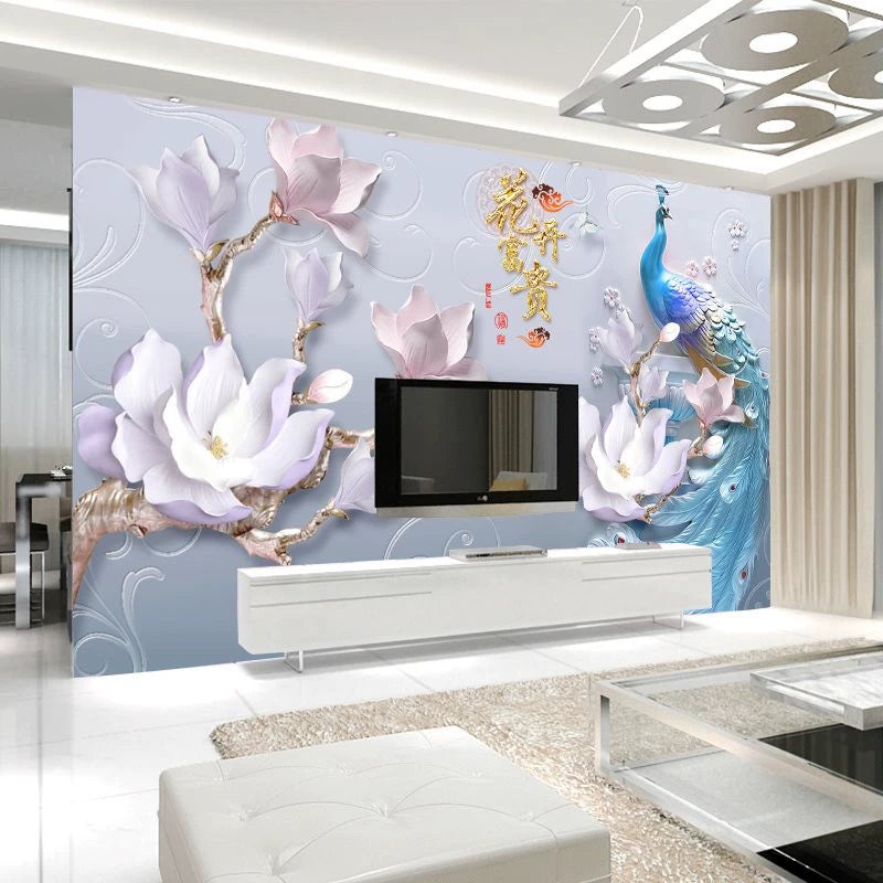 European-Style 3D TV Background Wallpaper Chinese Style Living Room Bedroom Peacock 5 8D Three-Dimensional Concave-Convex Relief Wall Cloth Mural